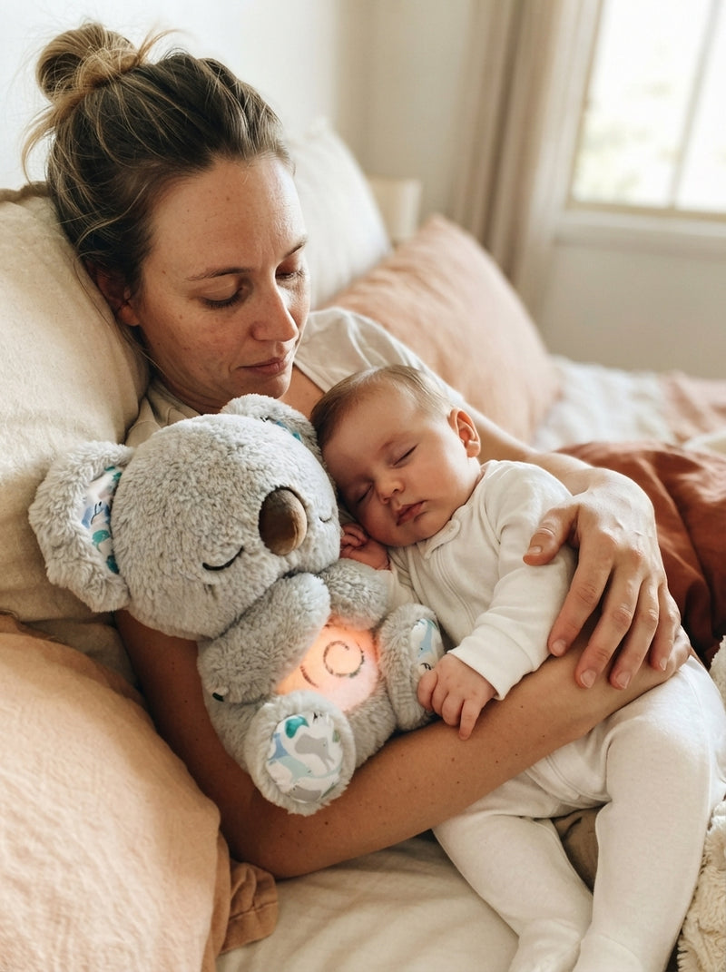 A mother resting peacefully next to her baby and a plush breathing koala toy in a cozy, sunlit bedroom.