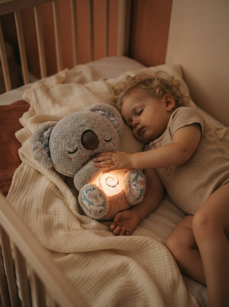 A toddler sleeping with their hand resting on a plush breathing koala toy that glows softly in a cozy nursery.