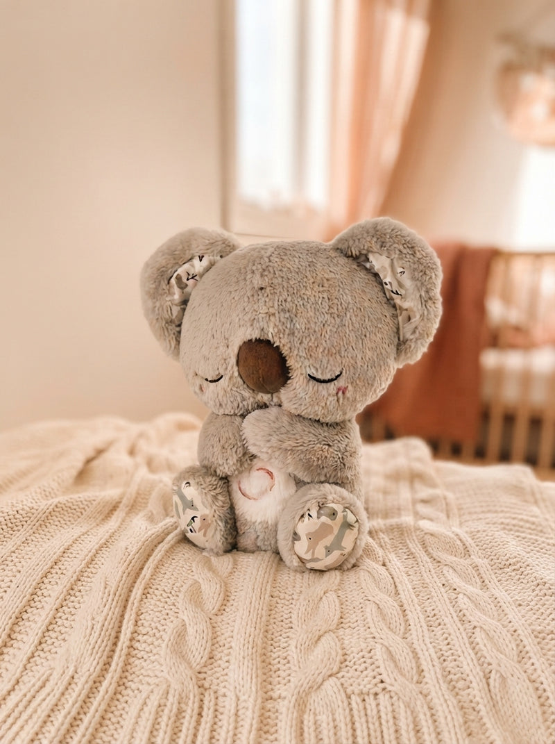 A plush breathing koala toy resting on a soft cream-colored blanket in a sunlit nursery.